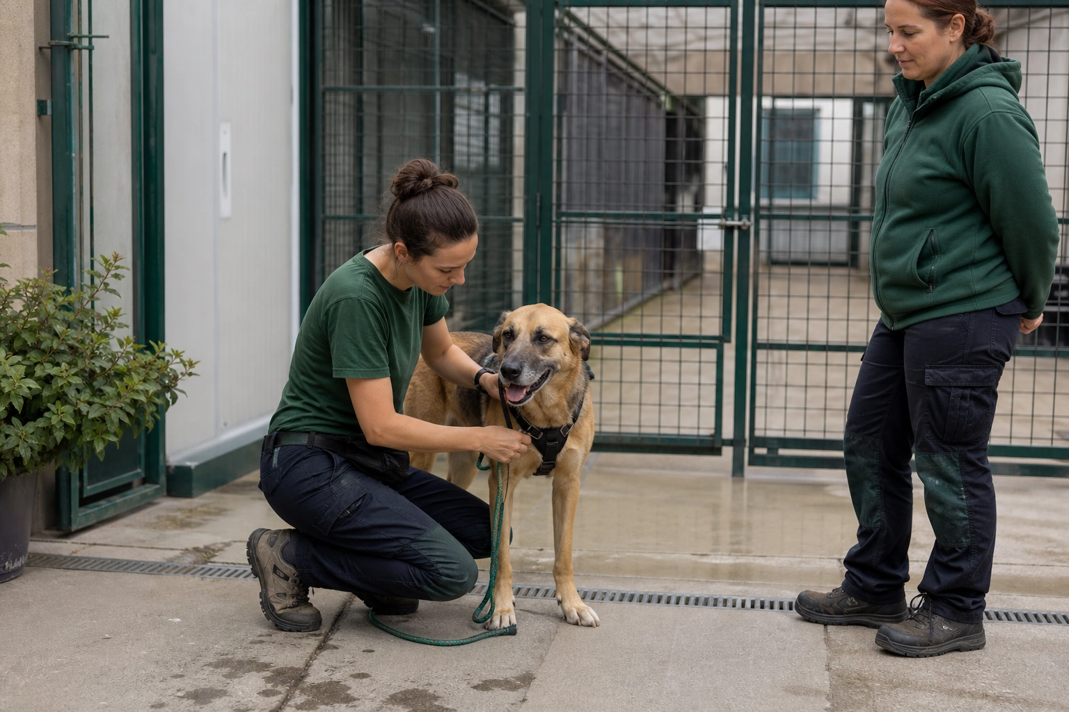 Volontaria che accompagna un cane in passeggiata fuori dal canile