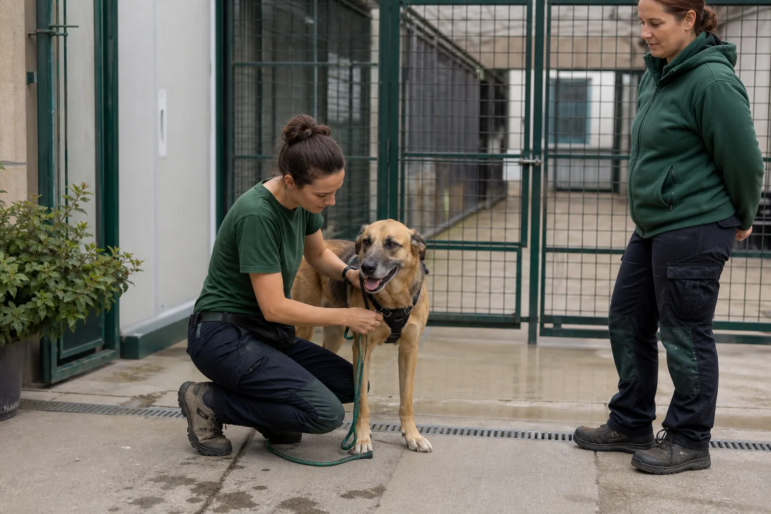 Volontaria che accompagna un cane in passeggiata fuori dal canile