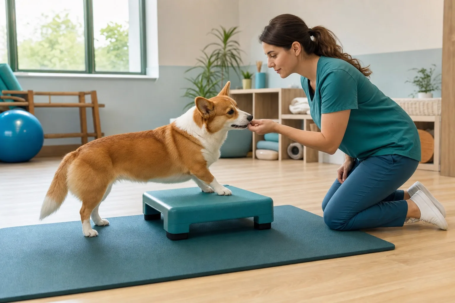 Esercizio controllato a basso impatto con un Welsh Corgi Pembroke